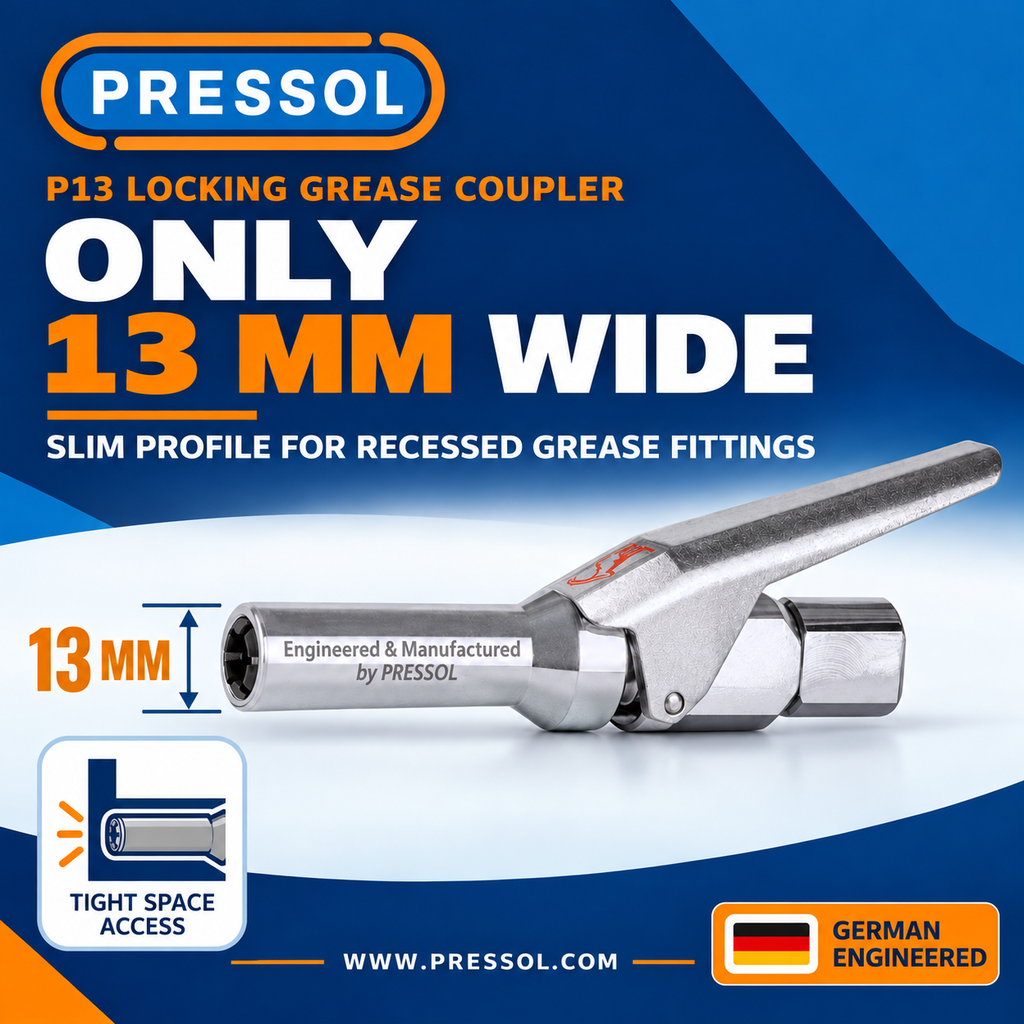 Pressol P13 Locking Grease Coupler – 12,000 PSI, Slim 13 mm Design with 360° Swivel