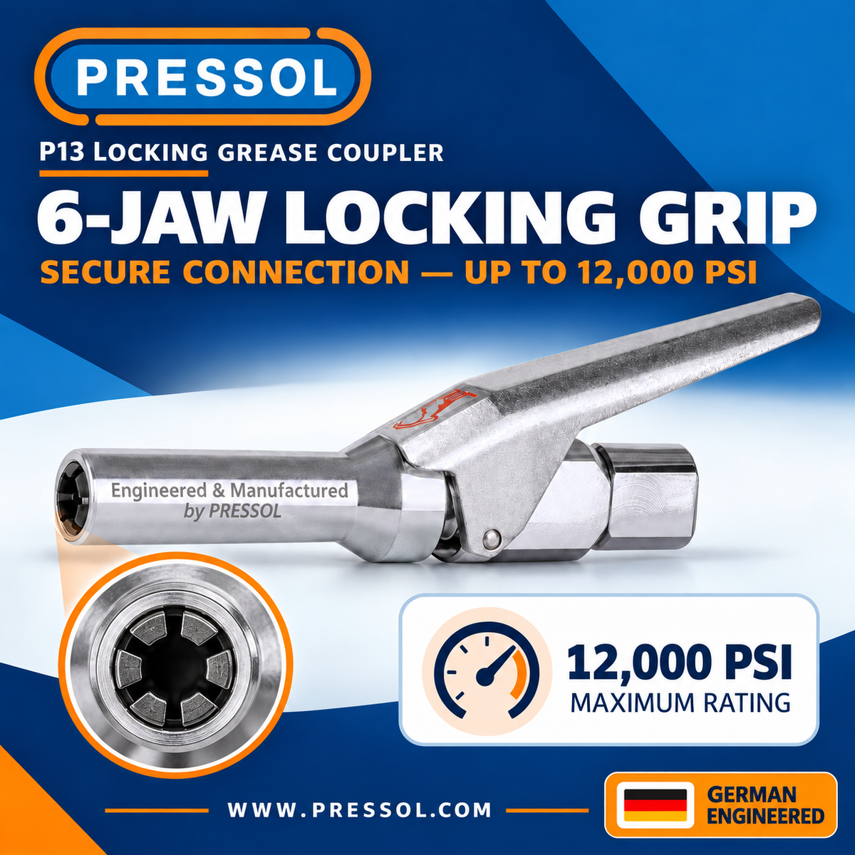 Pressol P13 Locking Grease Coupler – 12,000 PSI, Slim 13 mm Design with 360° Swivel