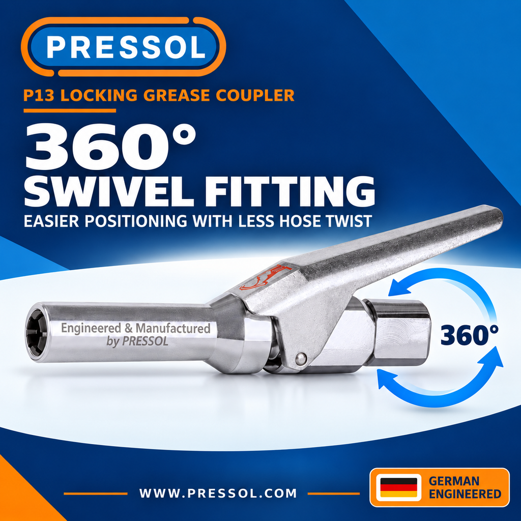 Pressol P13 Locking Grease Coupler – 12,000 PSI, Slim 13 mm Design with 360° Swivel