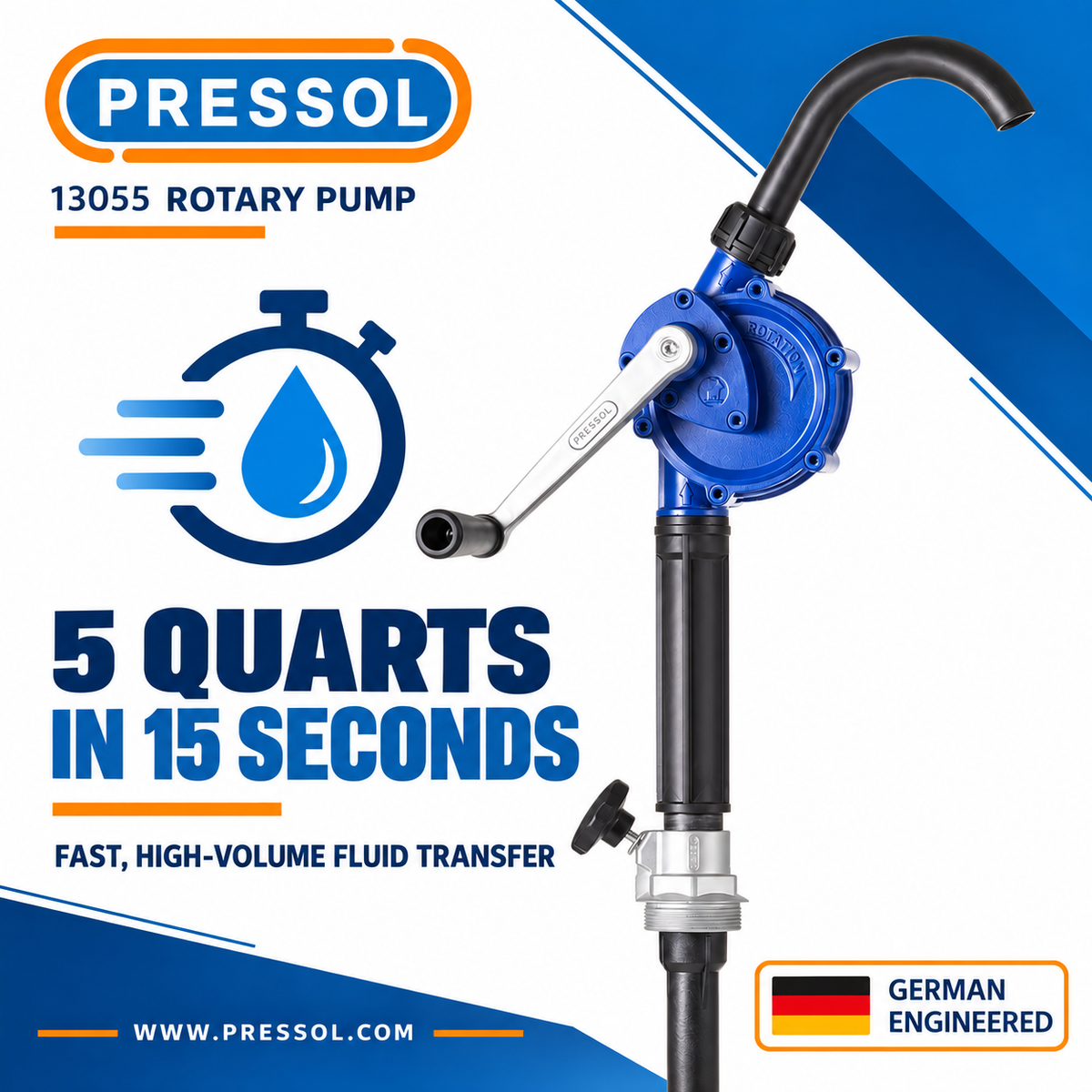 Pressol 13 055 Professional Rotary Drum Pump – 4.75 GPM, Fits 15–55 Gallon Drums