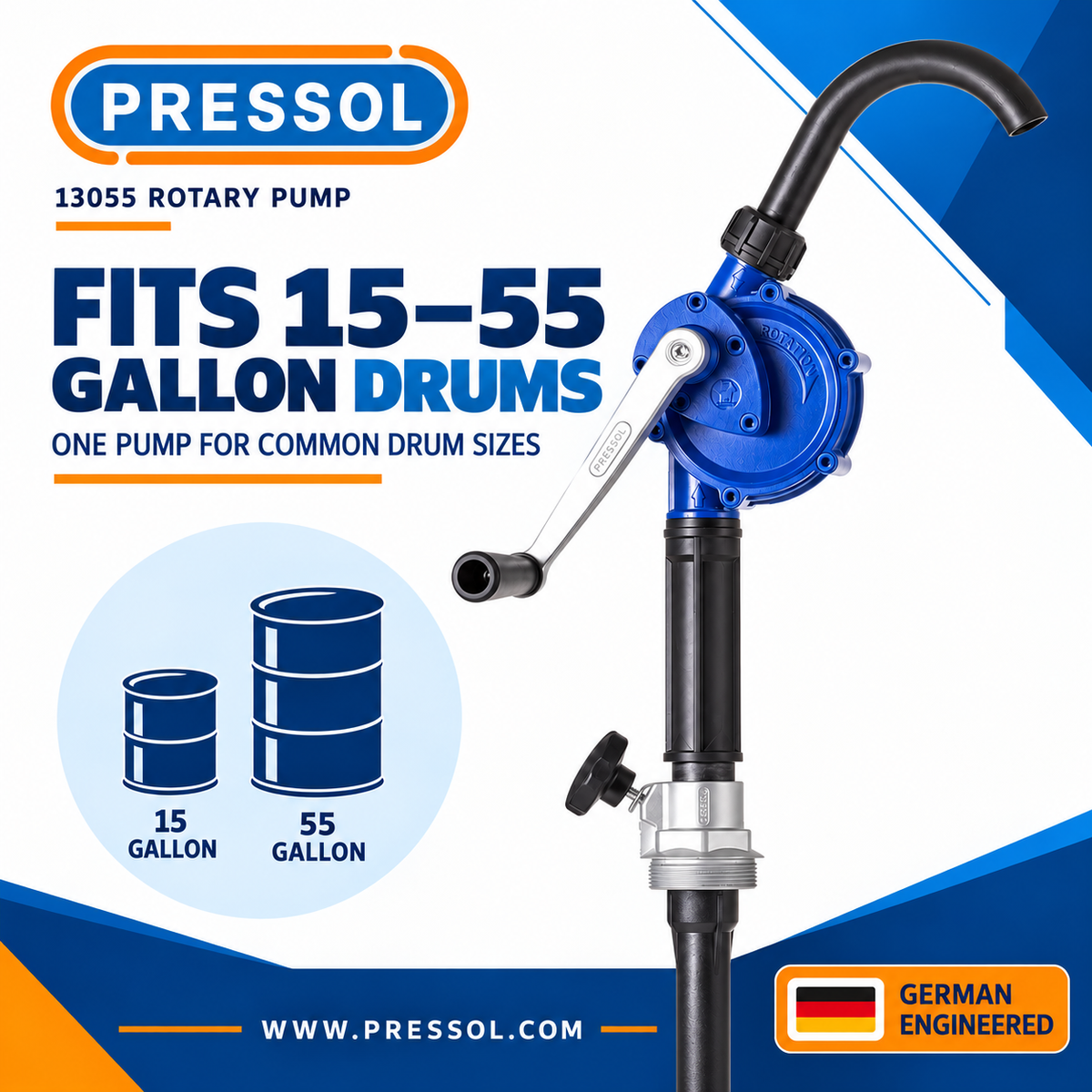 Pressol 13 055 Professional Rotary Drum Pump – 4.75 GPM, Fits 15–55 Gallon Drums
