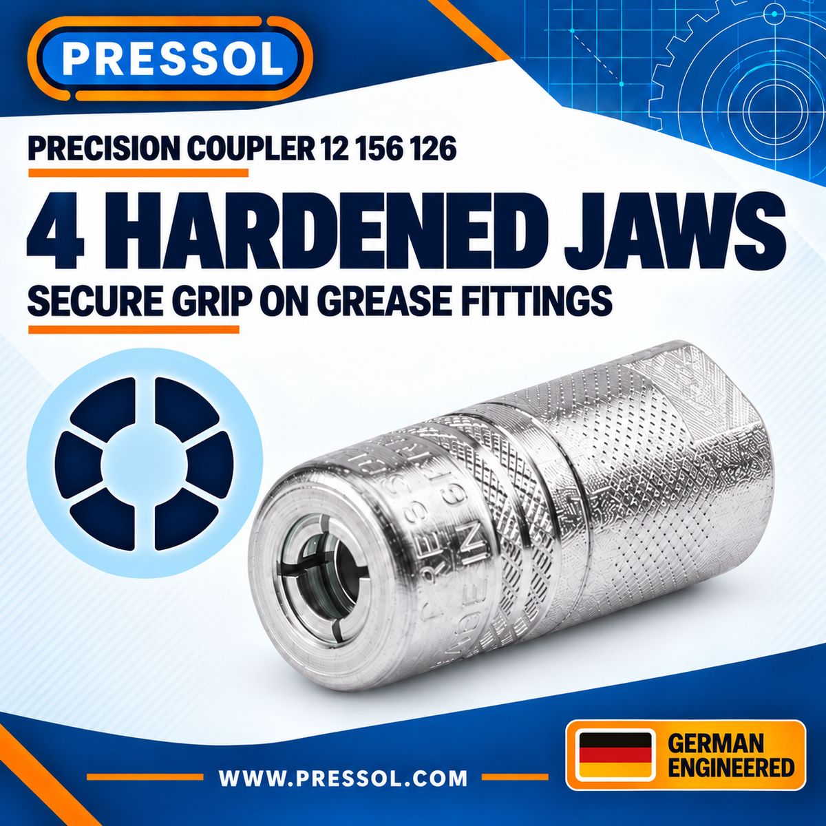 Pressol Precision Grease Coupler – 4-Jaw, 1/8-Inch FNPT – SKU 12 156 126