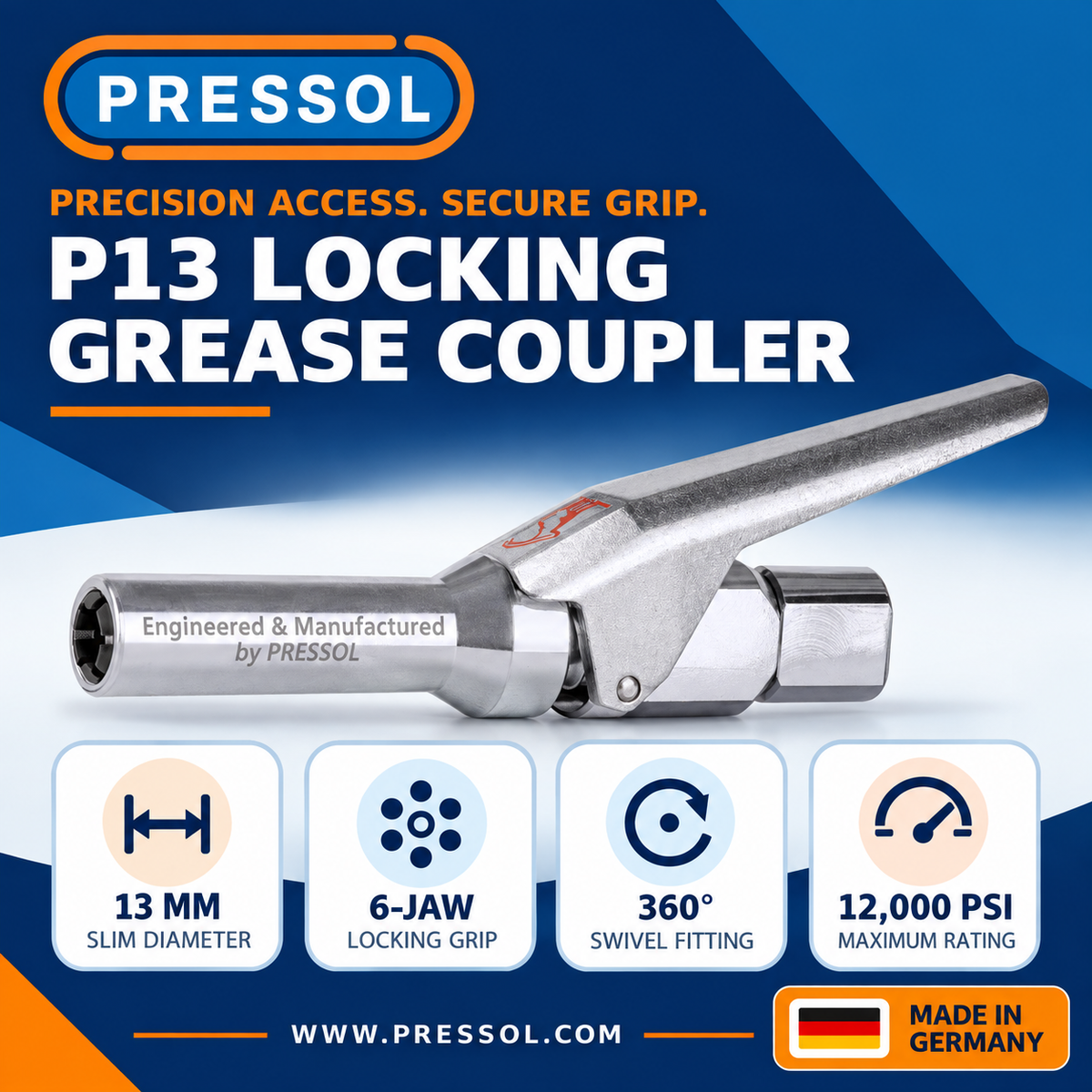 Pressol P13 Locking Grease Coupler – 12,000 PSI, Slim 13 mm Design with 360° Swivel