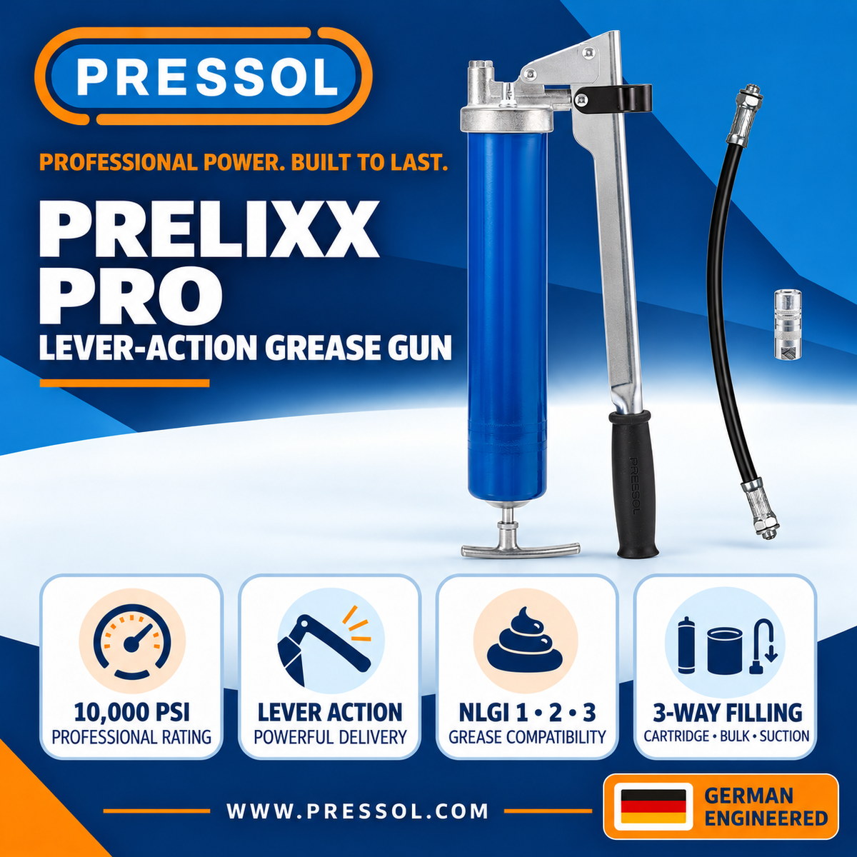Pressol PRELIxx PRO Lever-Action Grease Gun – 10,000 PSI, 1/8-Inch NPT