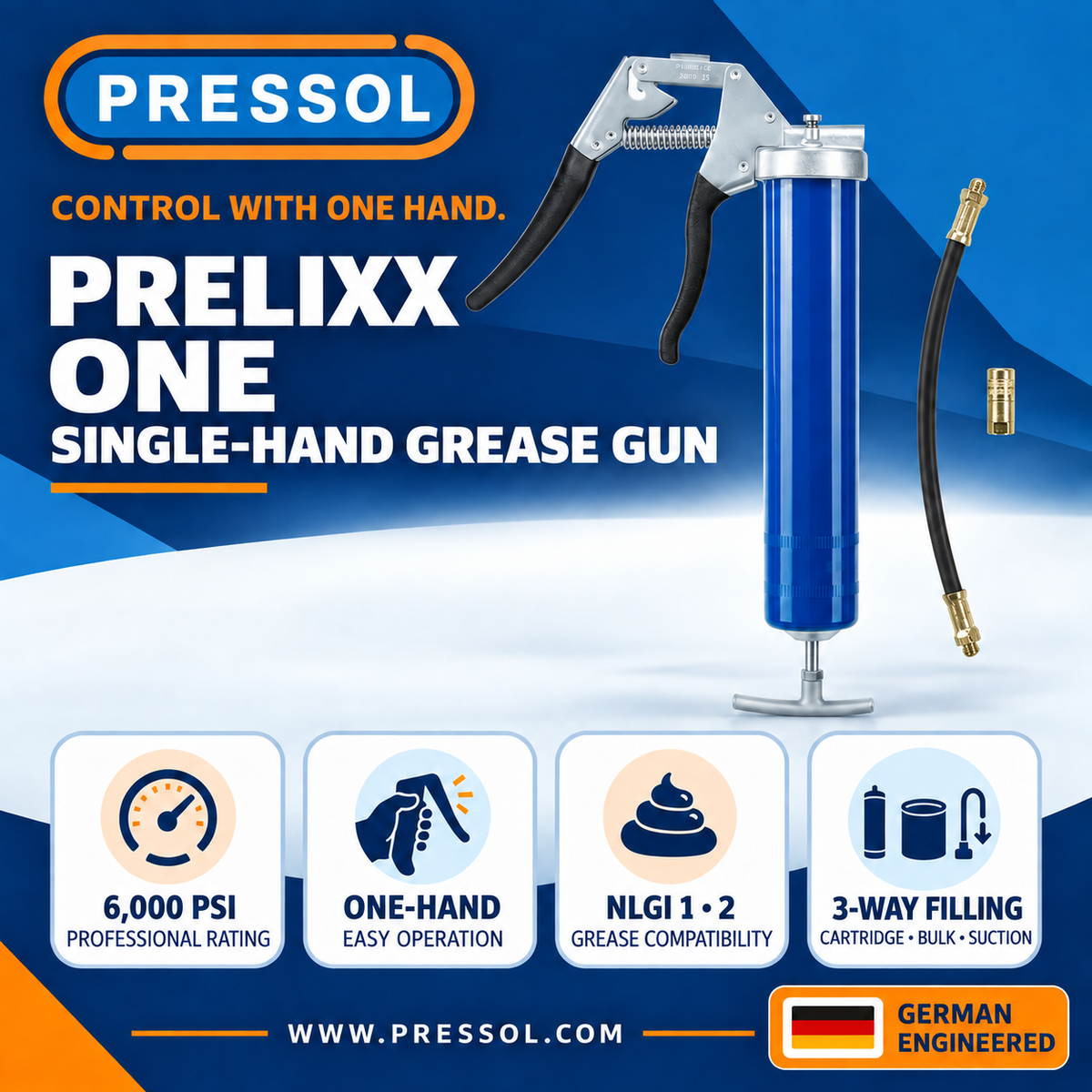 Pressol PRELIxx ONE Single-Hand Grease Gun – 14 oz., 6,000 PSI