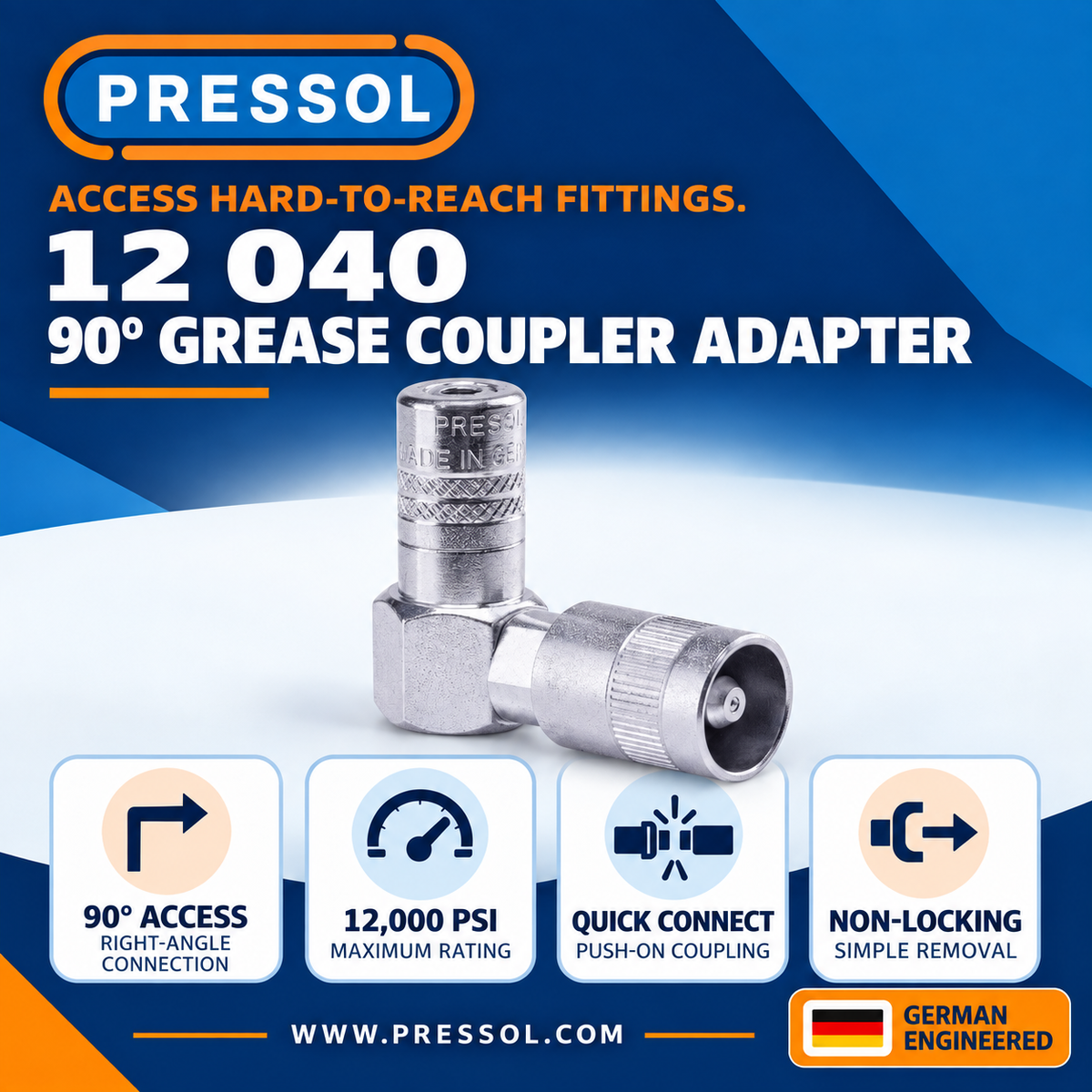 Pressol 12 040 90-Degree Grease Coupler Adapter – 12,000 PSI, Quick-Connect Design