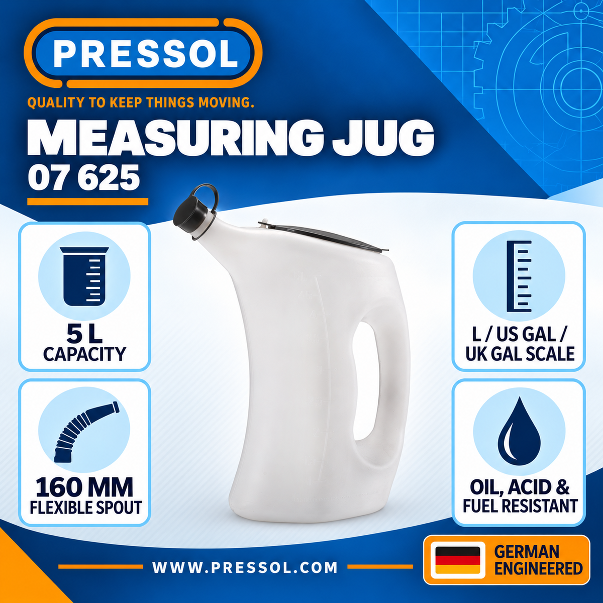 Pressol 07 625 Professional Measuring Jug with Lid & Flexible Spout – 5 Quart