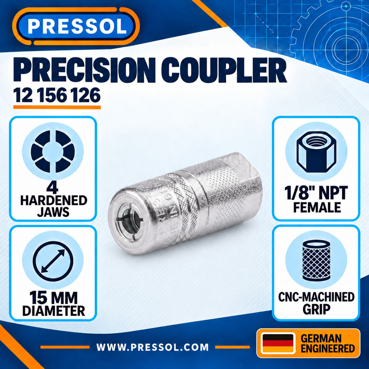 Pressol Precision Grease Coupler – 4-Jaw, 1/8-Inch FNPT – SKU 12 156 126