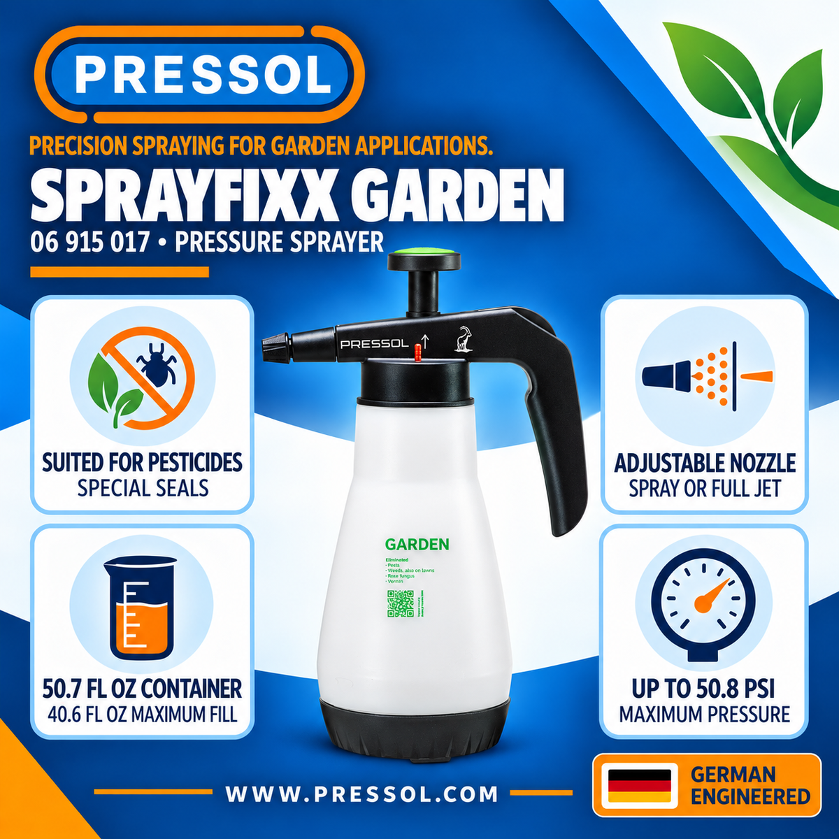 Pressol 06 915 017 SPRAYFIxx Garden Pressure Sprayer — 40.6 fl oz, Adjustable Nozzle